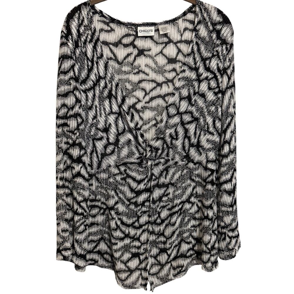 Chico’s Women’s Tunic‎ Top Lagenlook Black White V Neck Open Weave lightweight L